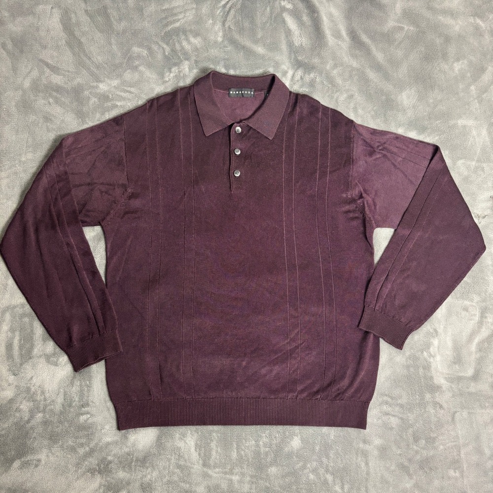 Baracuta Mens Large Burgundy Long Sleeve Knit Polo Sweater Rayon Cotton Blend